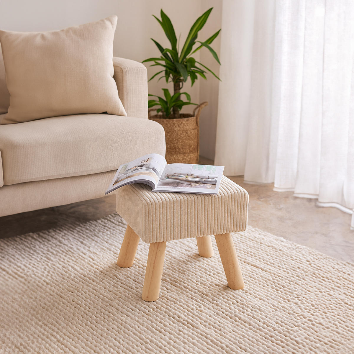 CORD-HOCKER - Beige/Naturfarben, Holz/Textil (30/30/30cm) - Relaxdays