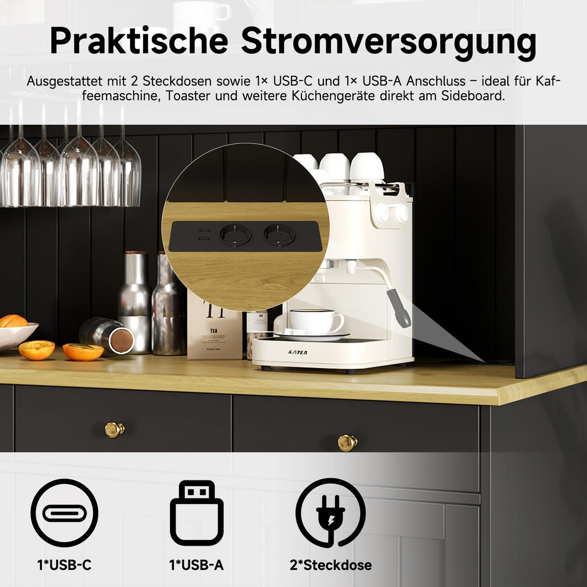 BUFFETSCHRANK Hochschrank 120x40x191cm Schwarz Gold Griffe USB - Schwarz, Holzwerkstoff (40/191/120cm) - FLIEKS
