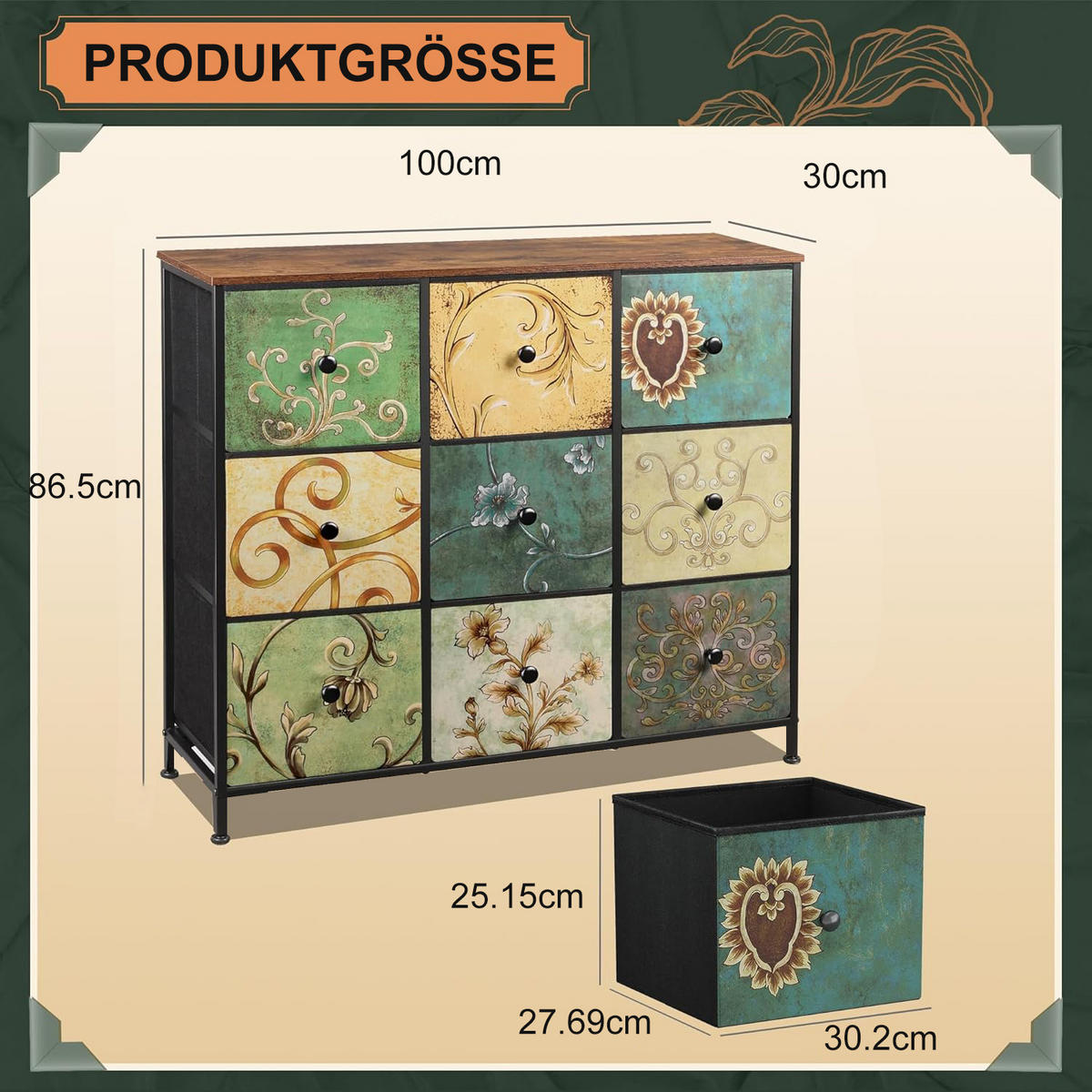 KOMMODE mit 9 Stoffschubladen, Sideboard für Küche, Büro & Flur - Multicolor, Holz (30/86.5/100cm)