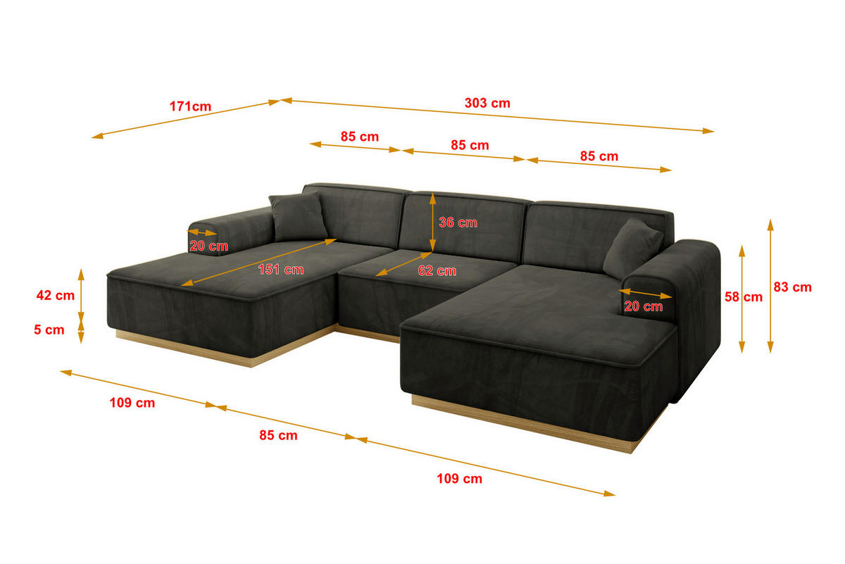 WOHNLANDSCHAFT IREA-U1-v2 - 303x171x83 cm Schwarz - Schwarz, Holzwerkstoff/Textil (303/83/171cm) - ALTDECOR