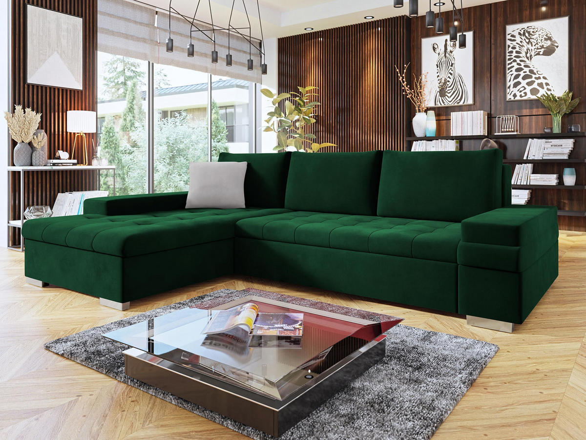 ECKSOFA Bangkok Mini Premium - Smaragdgrün/Silberfarben, Holz/Textil (274/182cm) - MIRJAN24