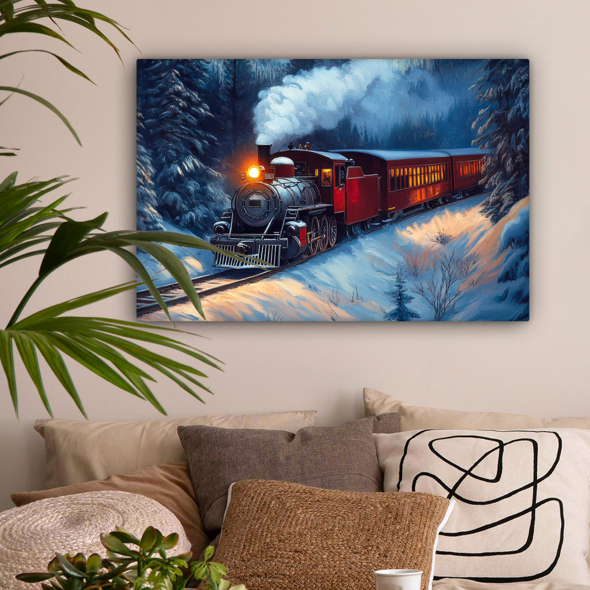 LEINWANDBILD Zug - Weihnachten - Schnee - Weihnachtszug Wanddeko 90x60 cm - Anthrazit, Textil (90/60cm) - MuchoWow