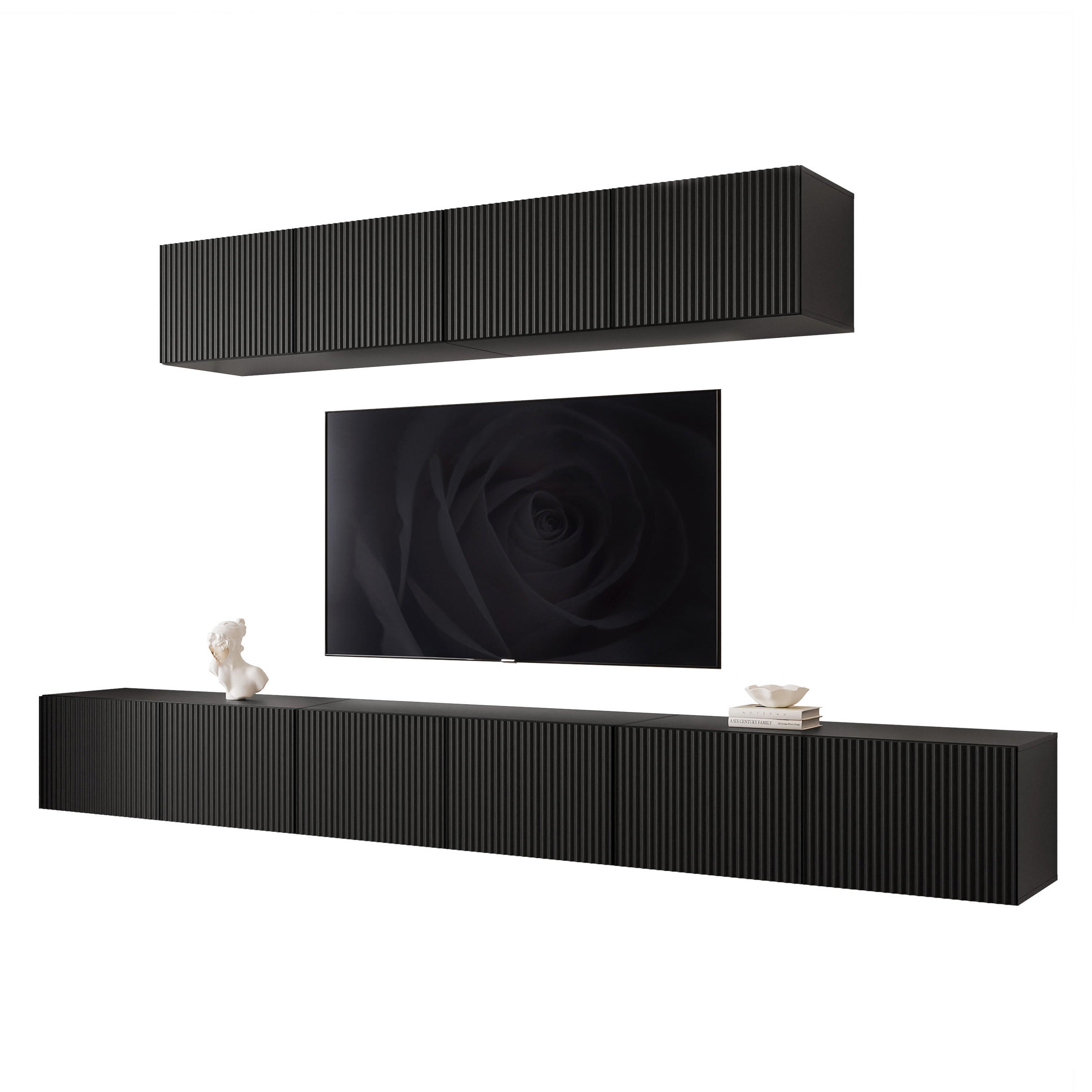 WOHNWAND ANGEL IV Schwarz hängend mit LED-Beleuchtung 300 cm - Schwarz, Holzwerkstoff (300/36/40cm) - Idohome