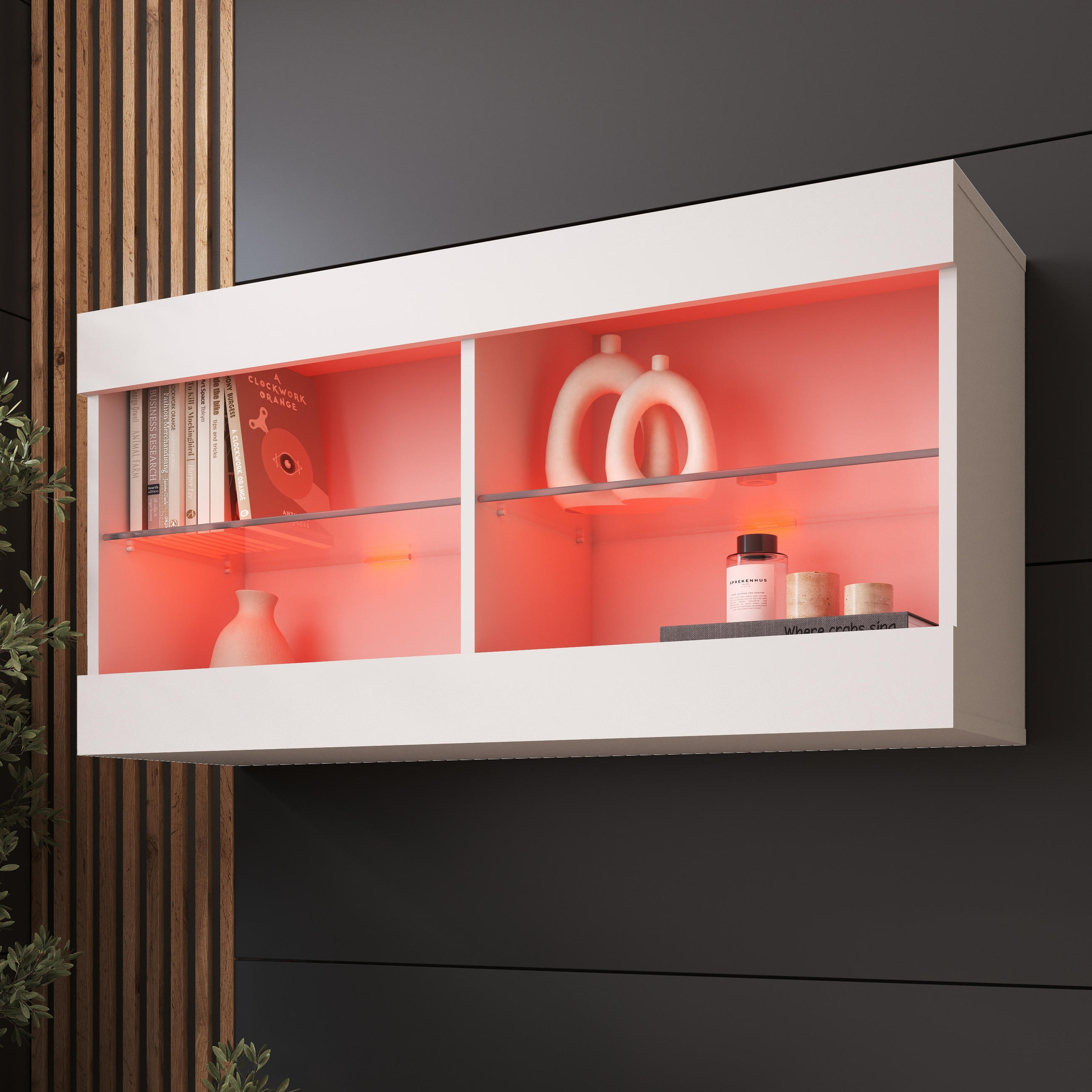 HÄNGEVITRINE TIVOLI HORIZONTAL 100, Weiss, LED Mehrfarbige - Weiß, Glas/Holzwerkstoff (100/50/29.5cm) - Komodee