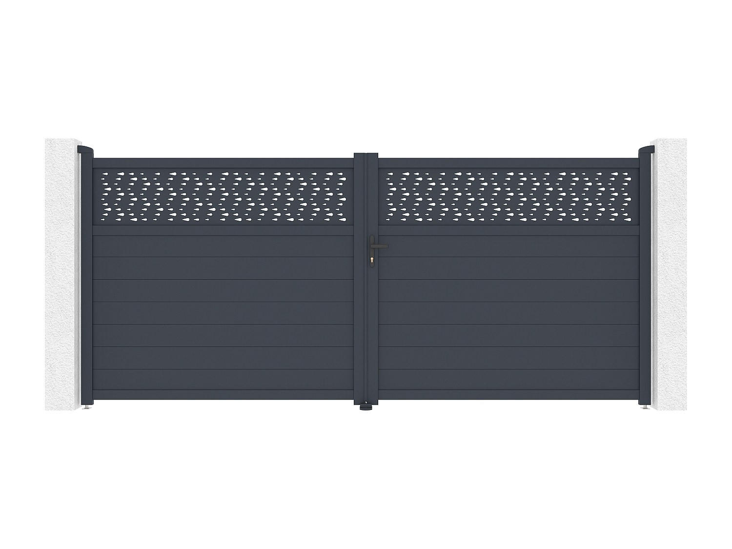 GARTENTOR Flügeltor - 397 x 181 cm - Aluminium - Halbvoll mit Muster - Anthrazit - BAZIO - Anthrazit, Metall (392/176cm) - Vente-Unique