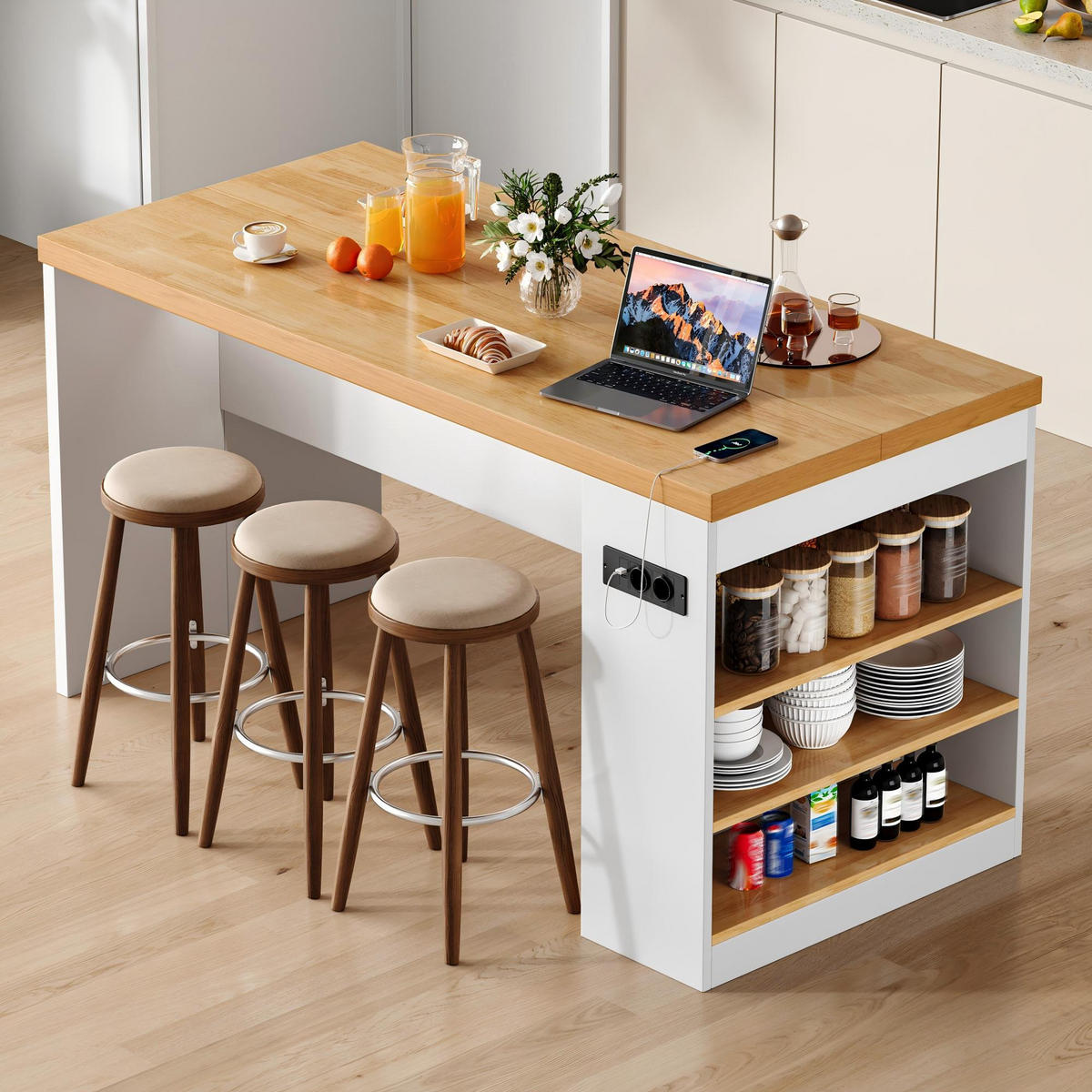 KÜCHENINSEL 90 cm MDF Weiß mit Arbeitsplatte und LED-Beleuchtung - Weiß, Holzwerkstoff (80/90/155cm) - Korfee