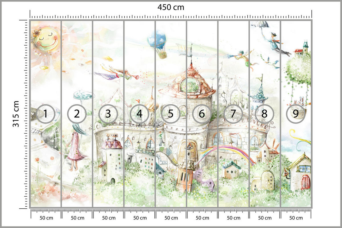 FOTOTAPETE für Kinderzimmer Märchenstadt Schloss Magisch 450x315 - Blau/Gelb, Papier (450/315cm) - Muralo