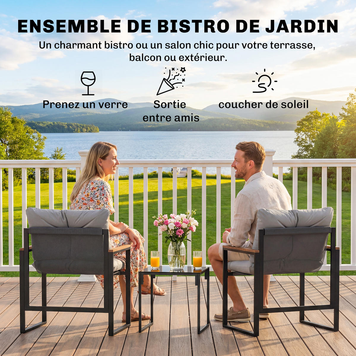 BALKONSET DE-14214 2 Sessel mit Kissen und Glastisch Grau - Grau, Metall - ComfortXL