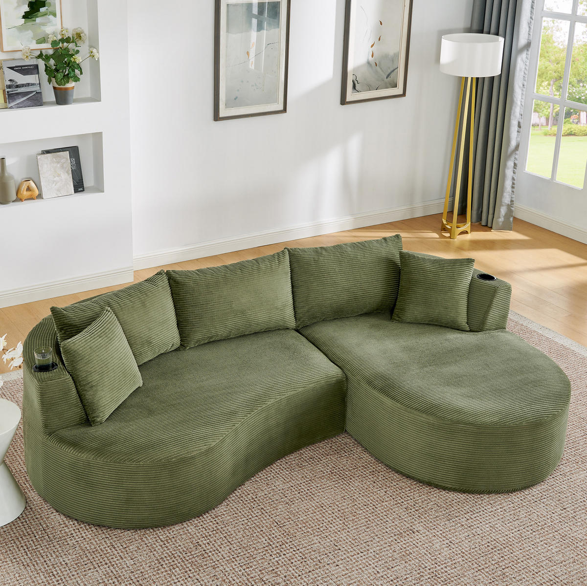 3-SITZER Sofa mit Getränkehaltern, bogenförmigem Design und Kissen, Grün - Grün, Kunststoff (264/76/168cm) - Redom