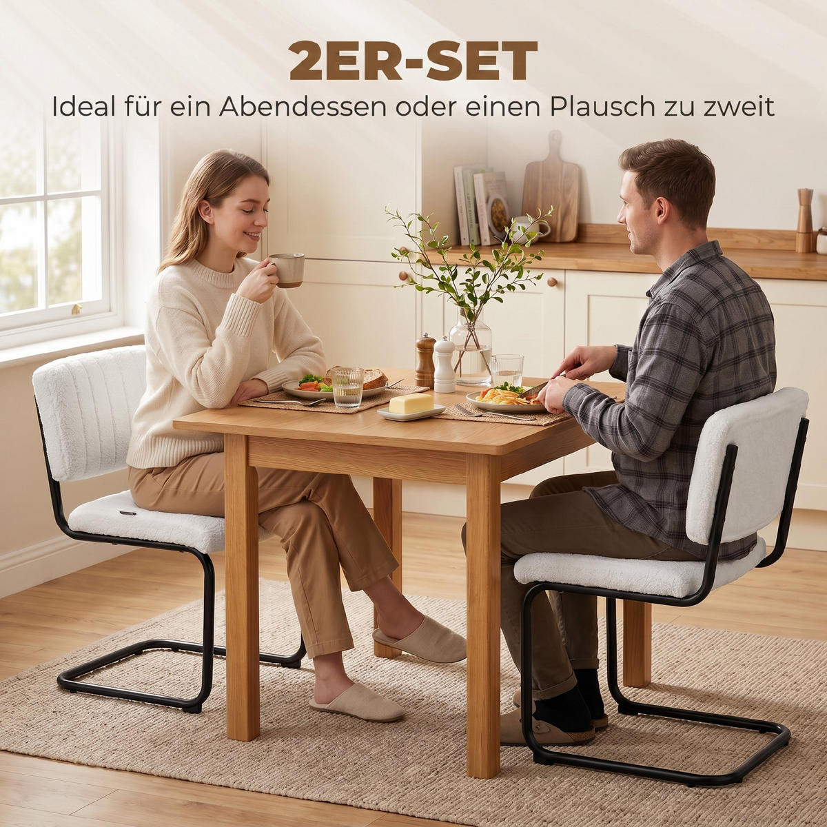 ESSZIMMERSTÜHLE 2er Set Polyester Cremeweiß - Creme/Schwarz, Textil/Metall (48/76/55cm) - HOMCOM