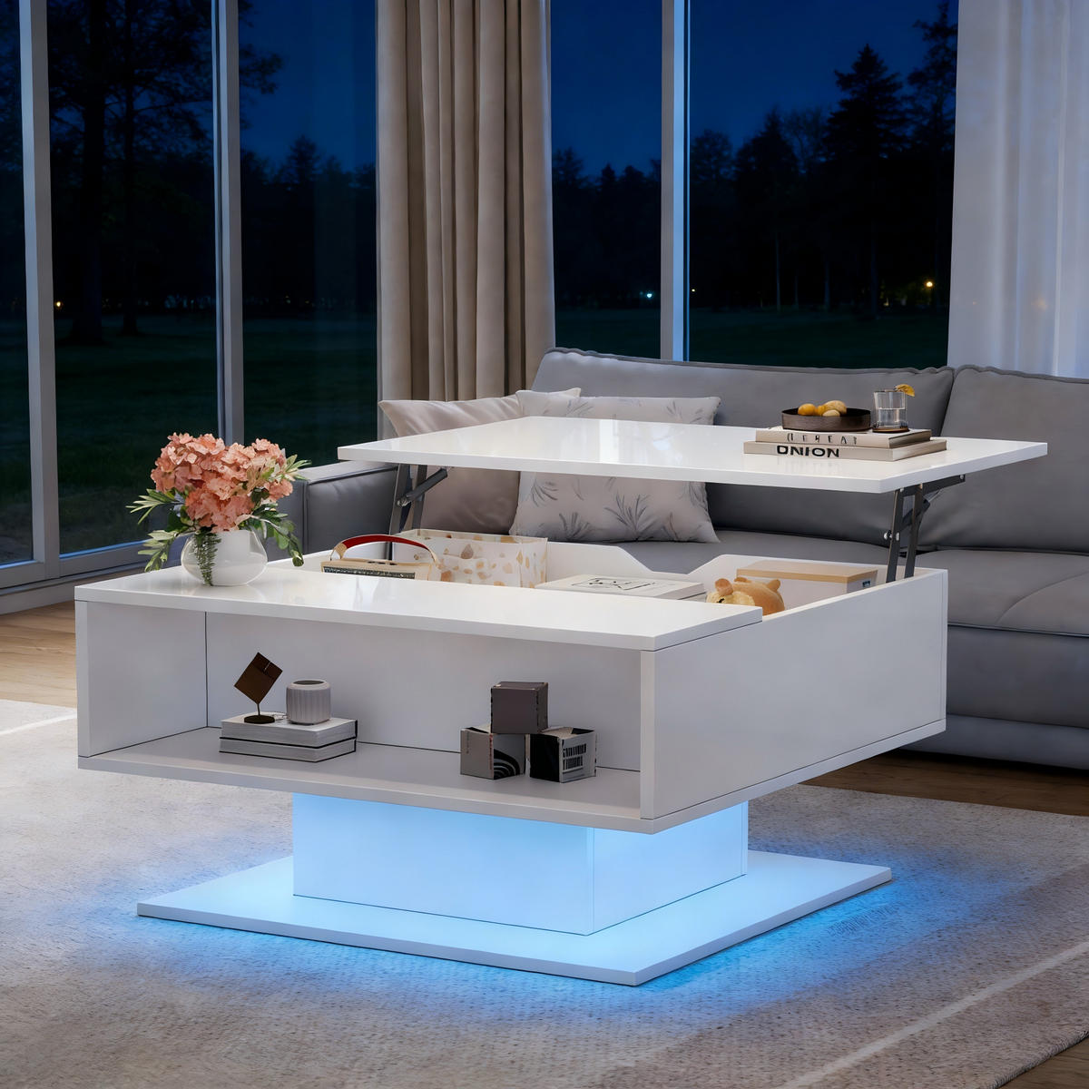 COUCHTISCH Weiß 80/75/40 cm mit Hubfunktion und LED - Weiß, Holzwerkstoff (75/80/40cm) - PANGIVO
