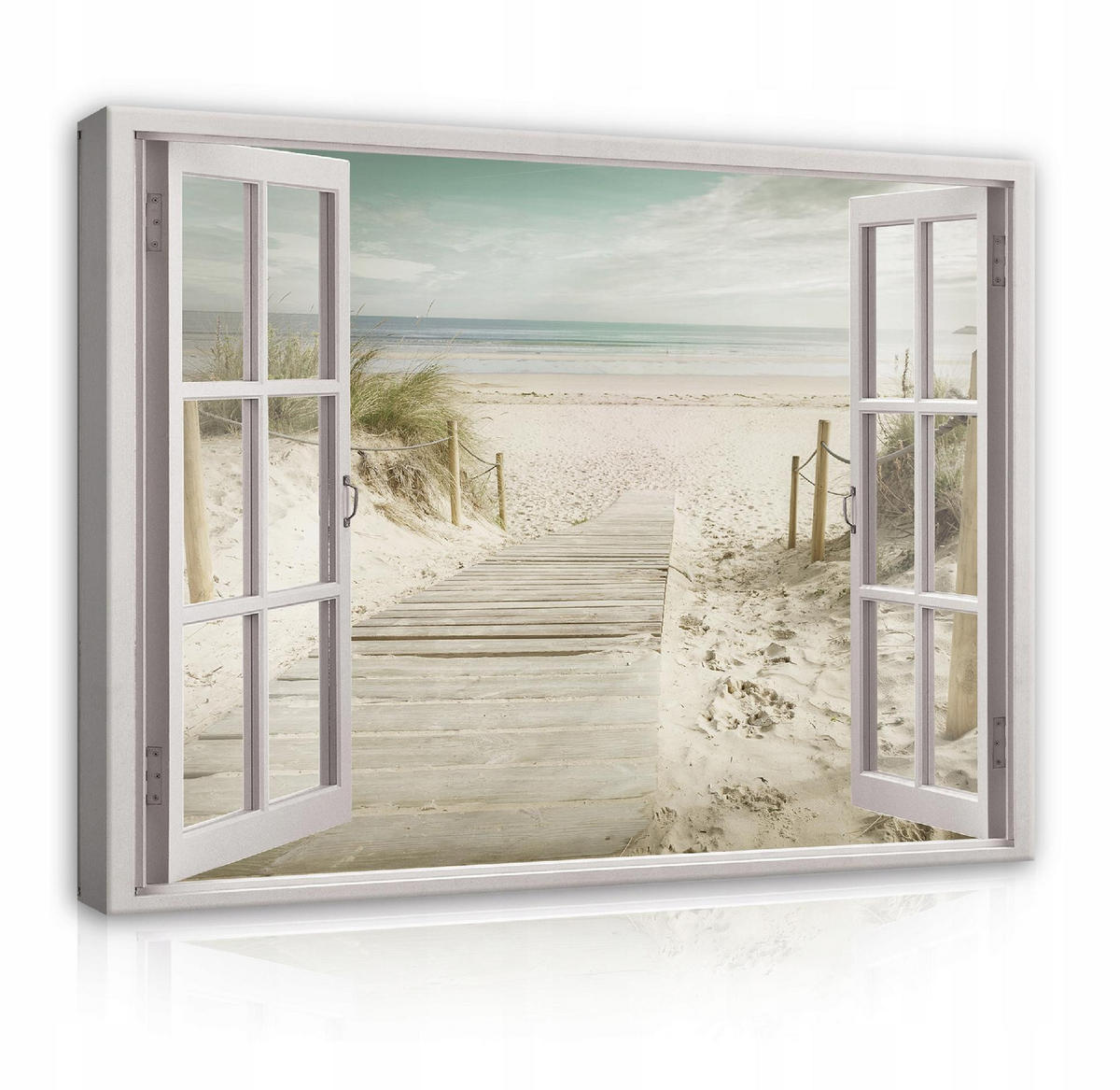LEINWAND BILDER Fenster Strand Meer Wohnzimmer 80x60 - Multicolor, Holzwerkstoff (80/60cm) - Wallarena
