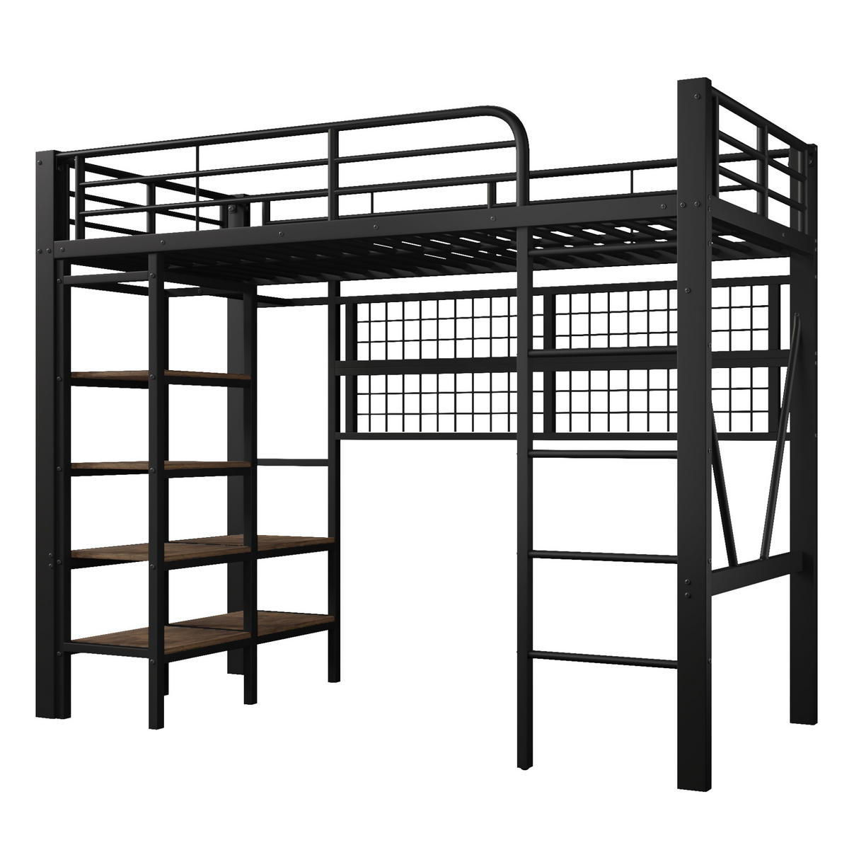 HOCHBETT 90/200 cm mit LED-Lichtleiste, Ablagefach, Hängenetz und Wäschestange, Eisenrahmen mit MDF, Schwarz - Schwarz, Metall (90/200cm) - Redom