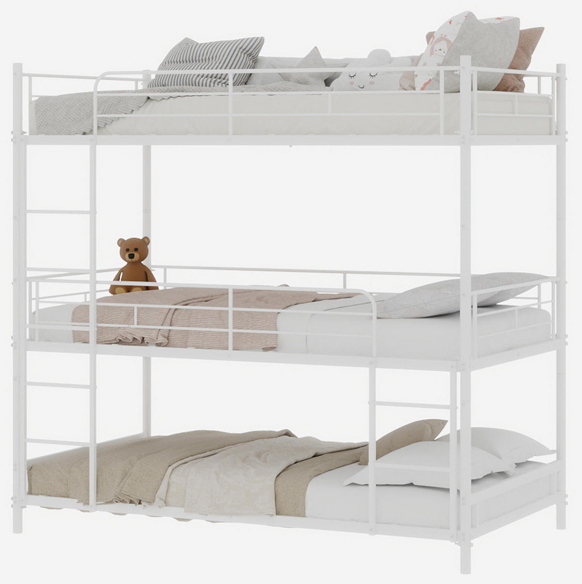 DREIFACH-ETAGENBETT 90/180 cm weiß aus Eisen mit Leiter und Rundum-Schutzgeländer - Weiß, Metall (90/190cm) - OKWISH