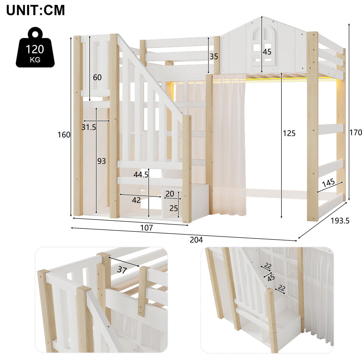 HOCHBETT 140/200 cm aus Kiefernholz mit LED-Beleuchtung und Ablageleiter Weiß/Natur - Weiß, Holzwerkstoff (140/200cm) - Modenvie