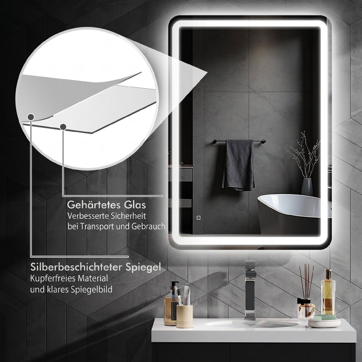 BADSPIEGEL Hartglas Silber - Silberfarben, Glas (4/100/70cm) - HOMCOM