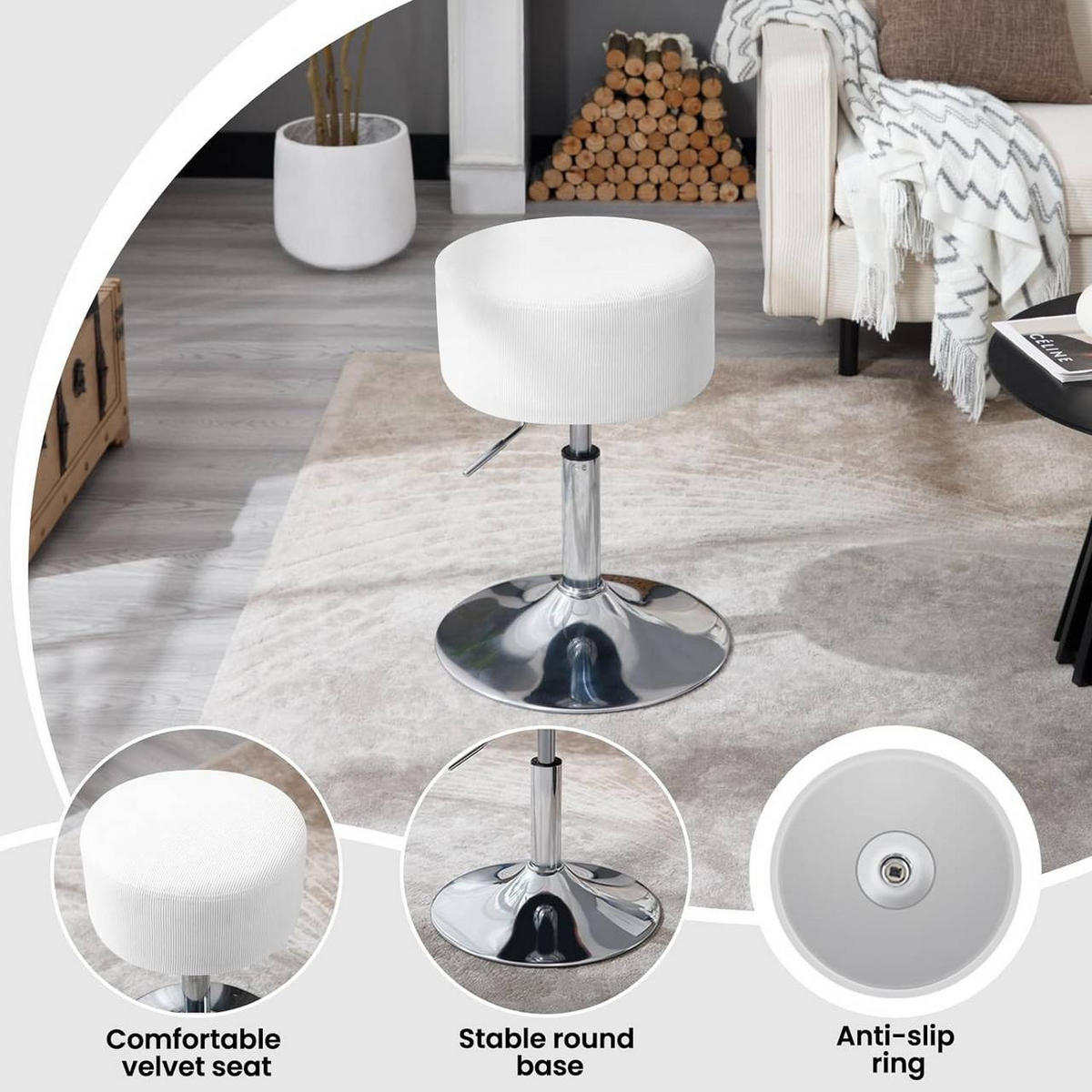 SITZHOCKER 2er Set rund, drehbar, Cord-Sitzfläche, Weiß - Silberfarben/Weiß, Textil/Metall (38.5/52/38.5cm) - Woltu