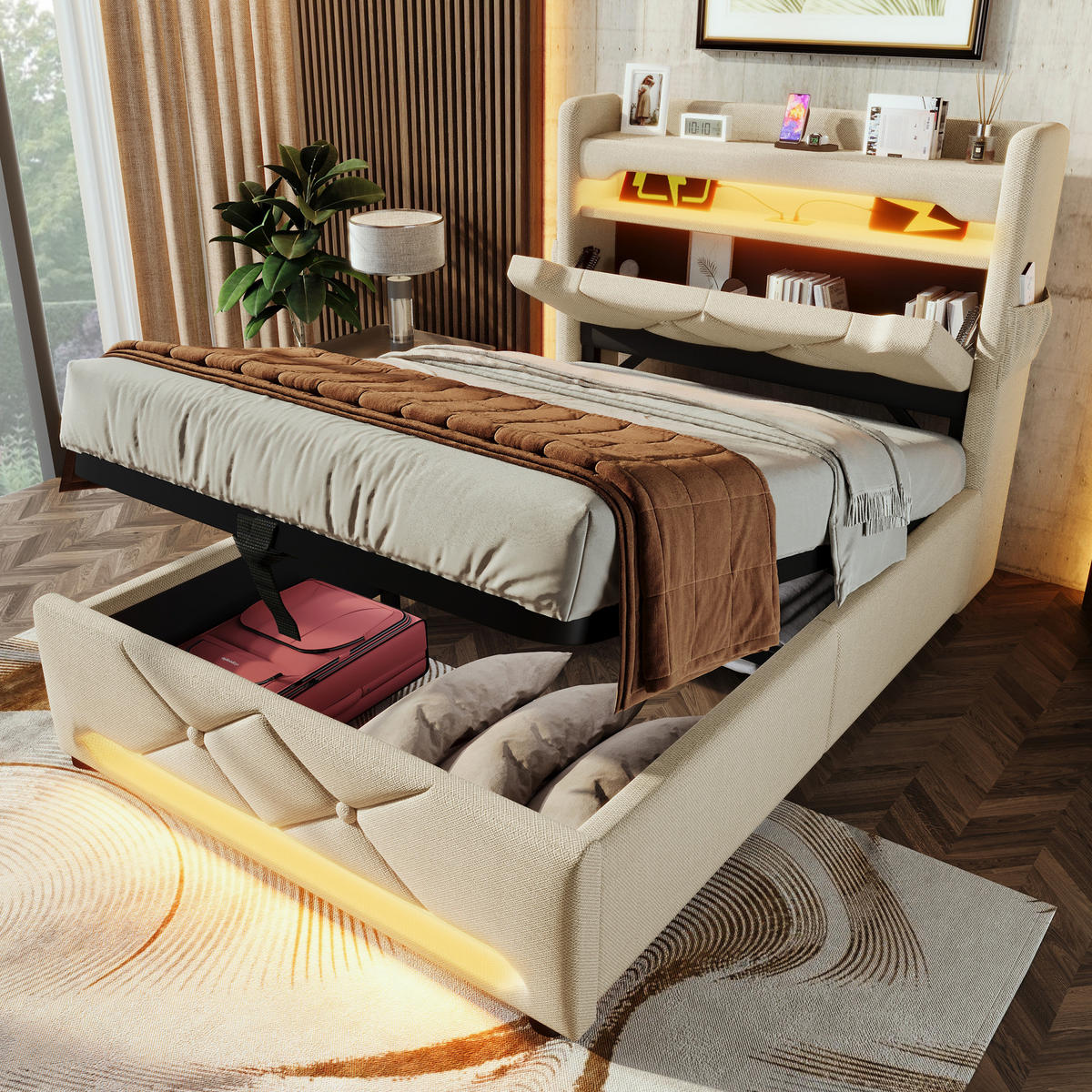 POLSTERBETT 90/200 cm Beige mit Stauraum Kopfteil und USB-Anschlüssen Mit Matratze - Beige, Textil (90/200cm) - OKWISH