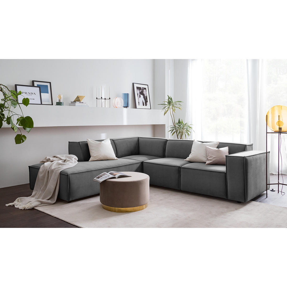 ECKSOFA mit Ottomane - Schwarz/Grau, Kunststoff/Textil (260/234cm) - home24