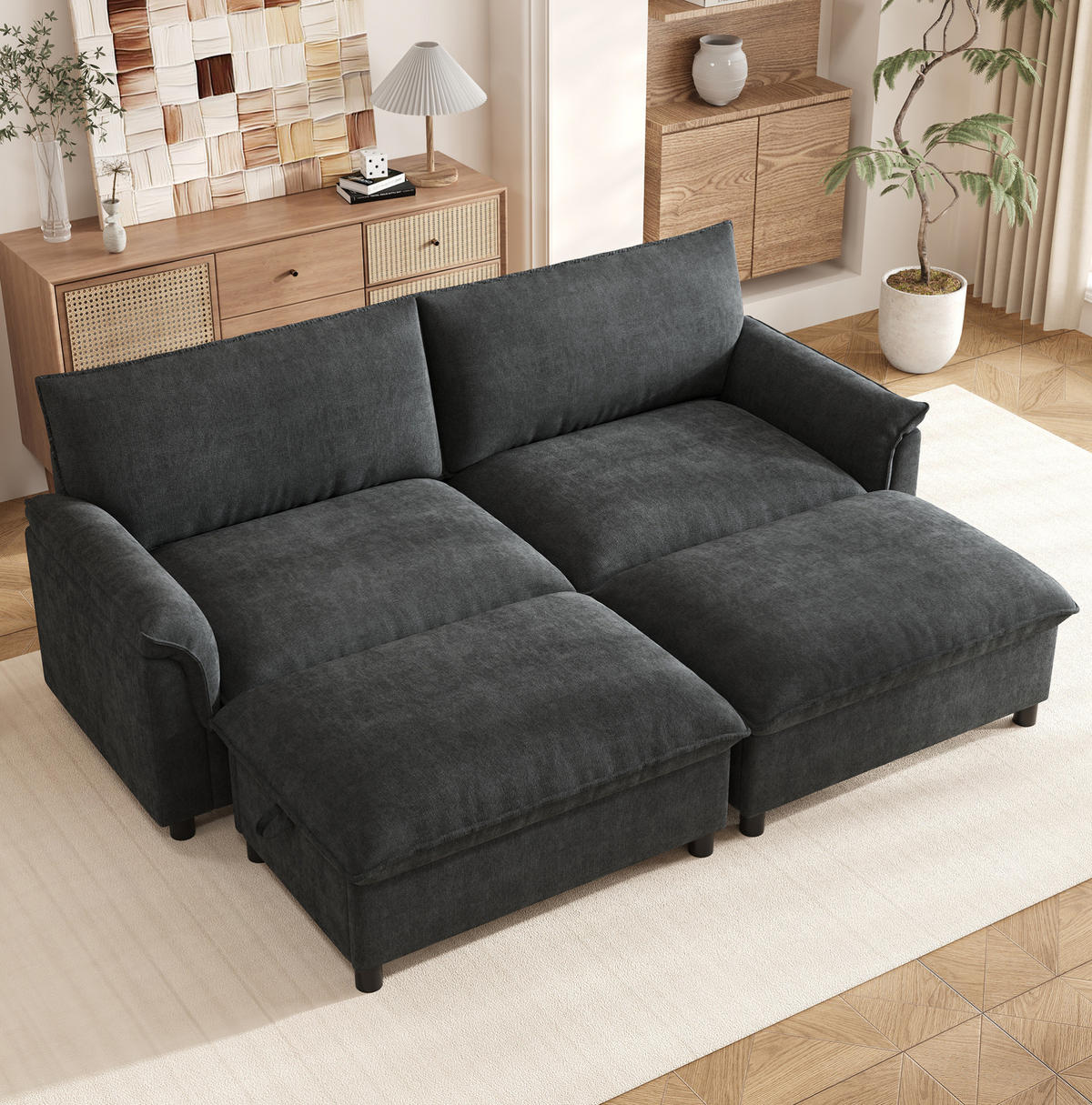 SOFA mit Fußhocker und Stauraum 216 x 77 x 82 cm Chenille Schwarz - Schwarz, Holzwerkstoff (77/82/216.1cm) - Meubliv