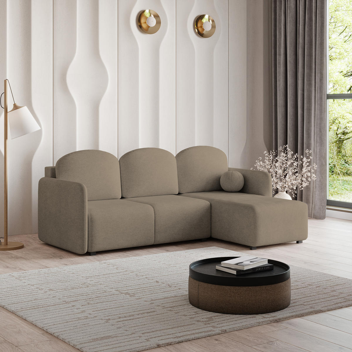 ECKSOFA SUVINO Braun Geflochtener Stoff mit Schlaffunktion - Braun, Holz (230/143cm) - MASSENO