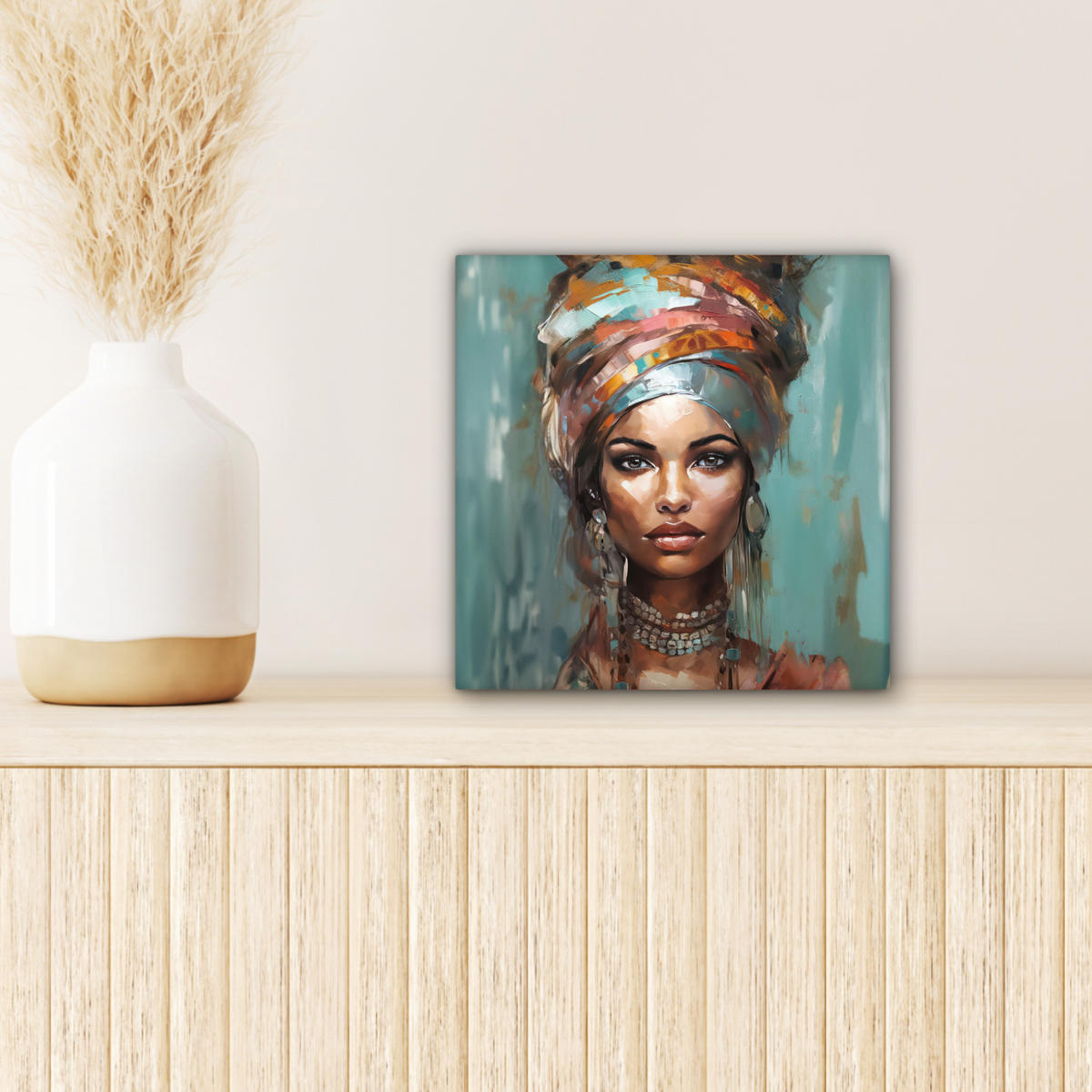 LEINWANDBILD Frau - Kunst - Schmuck - Porträt Deko Wohnzimmer 20x20 cm - Blaugrau, Textil (20/20cm) - MuchoWow