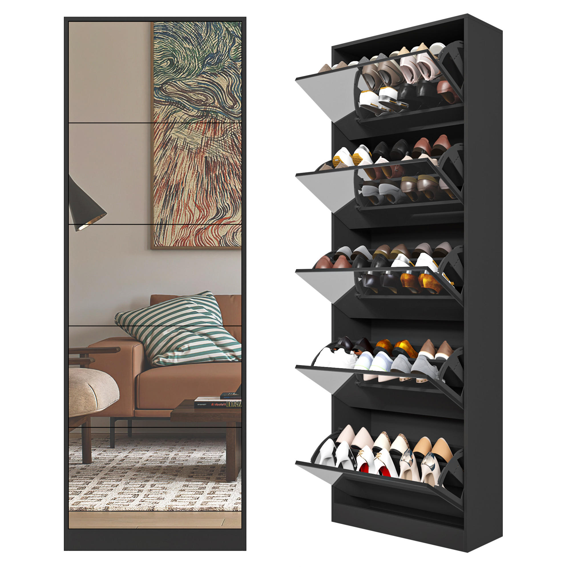 SCHUHSCHRANK 185 cm mit 5 Klappen und Spiegel, platzsparend, Schwarz - Schwarz, Holzwerkstoff (63/185/24cm) - Redom