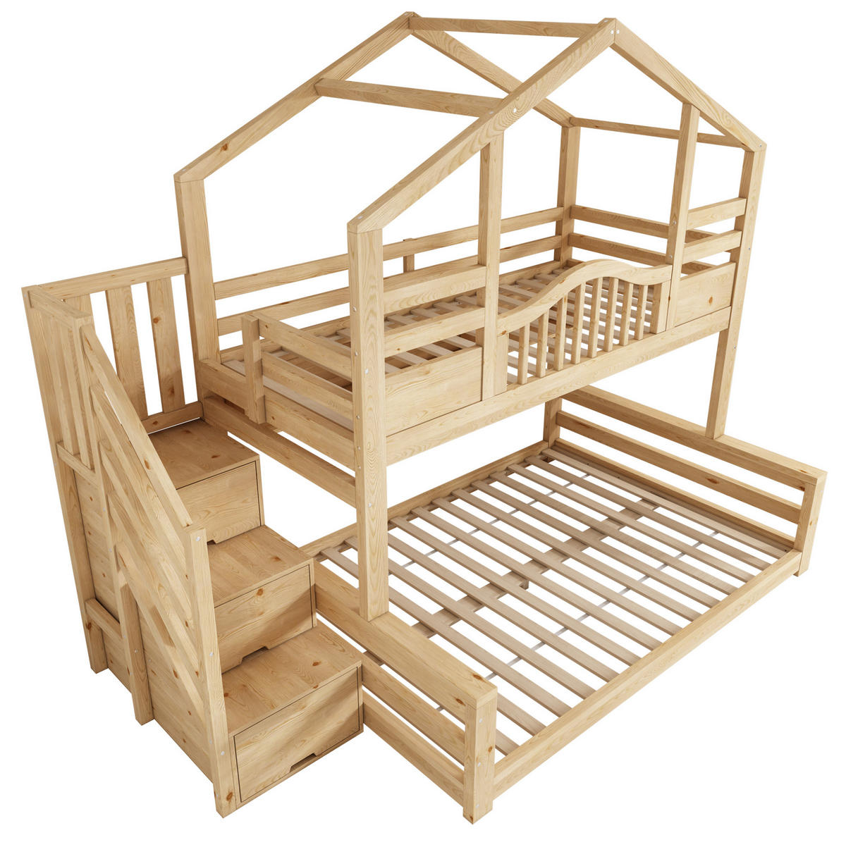 ETAGENBETT 90/140x200 cm Natur aus Kiefernholz mit Treppenschrank, Stauraum und Regalen - Beige, Holz (140/200cm) - Modfu