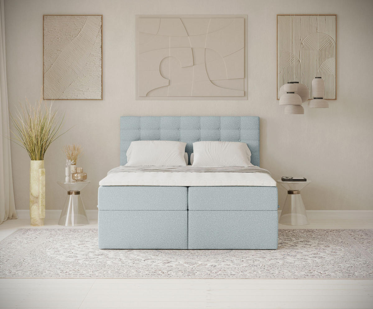BOXBETT Sansa Hellblau 120/200 cm mit Taschenmatratze und Topper - Schwarz/Hellblau, Holz/Holzwerkstoff (120/200cm) - Maison de Reve