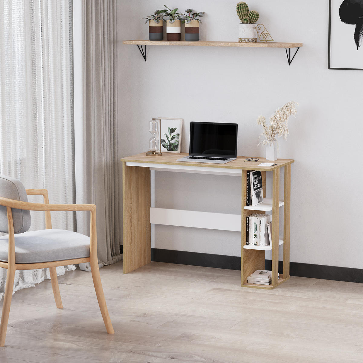 SCHREIBTISCH Eichefarben und Weiß mit 3 Regalfächern 100/44/74 cm - Beige, Holz (44/100/74cm) - PANGIVO