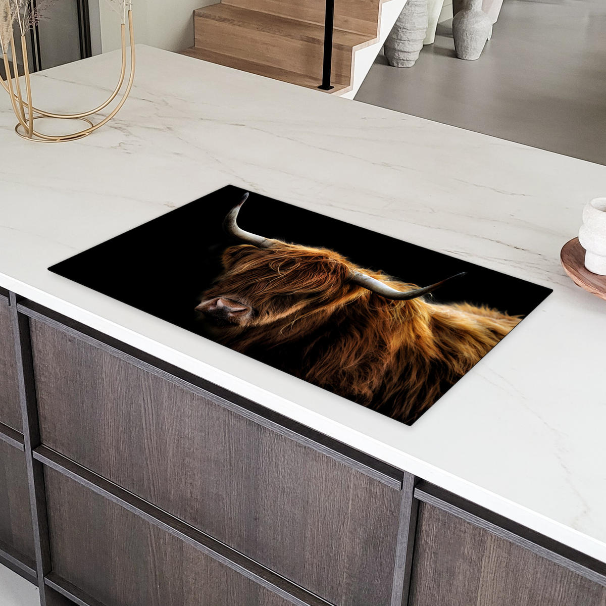 HERDABDECKPLATTE Schottischer Highlander - Hörner - Schwarz - Tiere - Natur - Wild - Kuh Induktionsschutz 89.6x51.6 cm - Cognac, Kunststoff (89.6/51.6/0.2cm) - MuchoWow