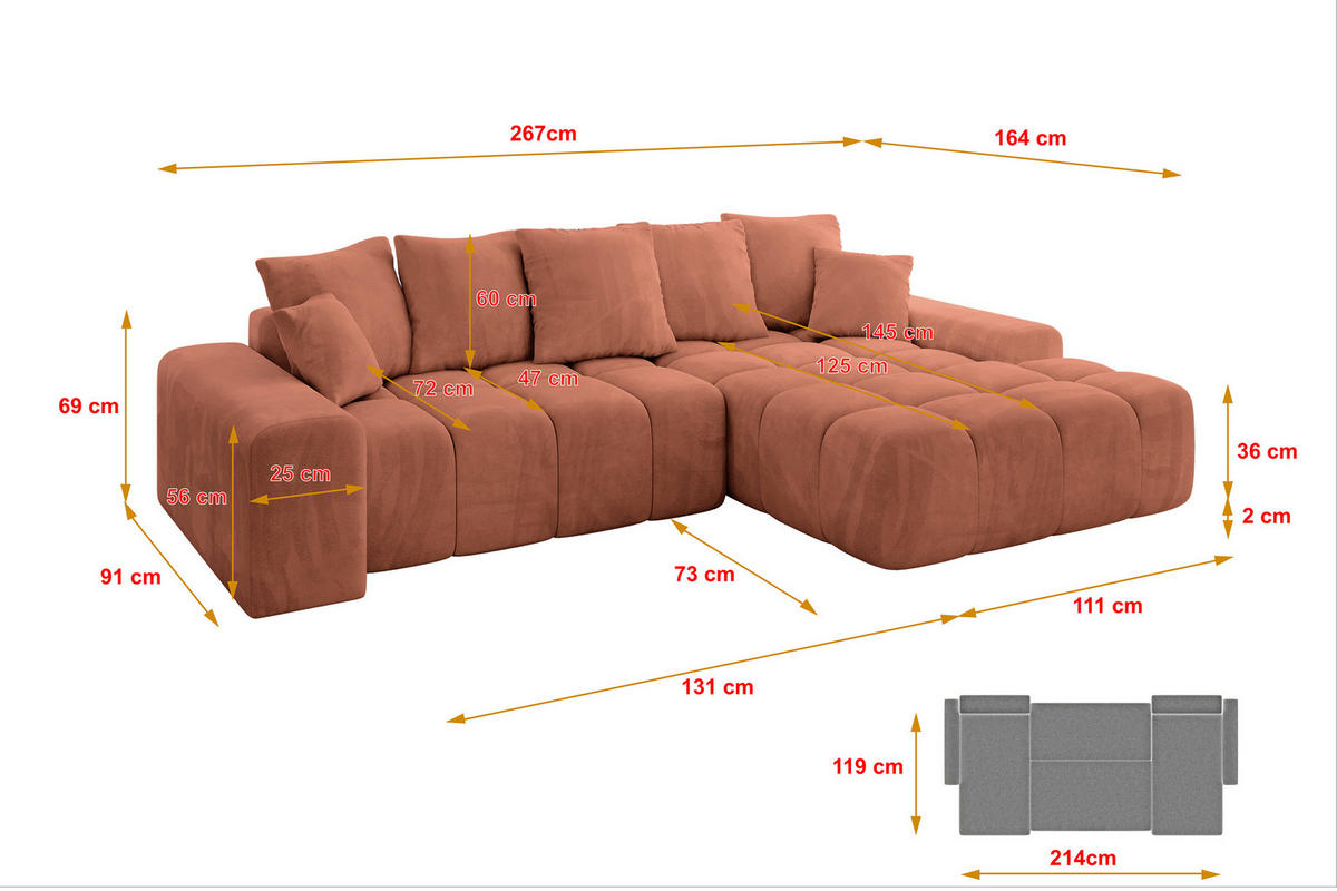 ECKSOFA Ottomane Rechts ENSI-L - 267x164x69 cm Koralle - Koralle, Holzwerkstoff/Kunststoff (164/267cm) - ALTDECOR
