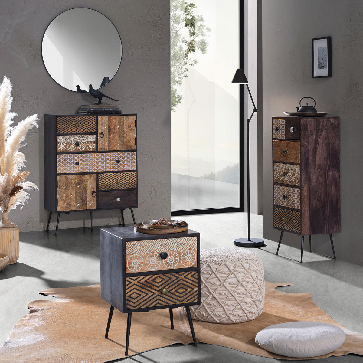 KOMMODE - 108 cm - Beige / Mango - Beige/Schwarz, Holz/Metall (80/108/35cm) - home24