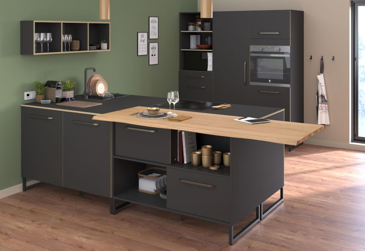 MINIKÜCHE grau, Eiche, Komplett-Set 3-teilig - Eichefarben/Grau, Holzwerkstoff (240/196/67cm) - Parisot Meuble