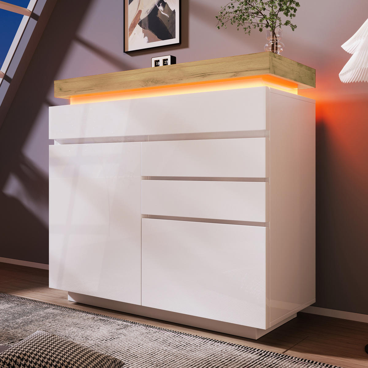 KOMMODE 110/39/115 cm mit 3 Schubladen, LED-Beleuchtung und Hochglanzfront - Weiß, Holzwerkstoff (39/115/110cm) - BEAOK