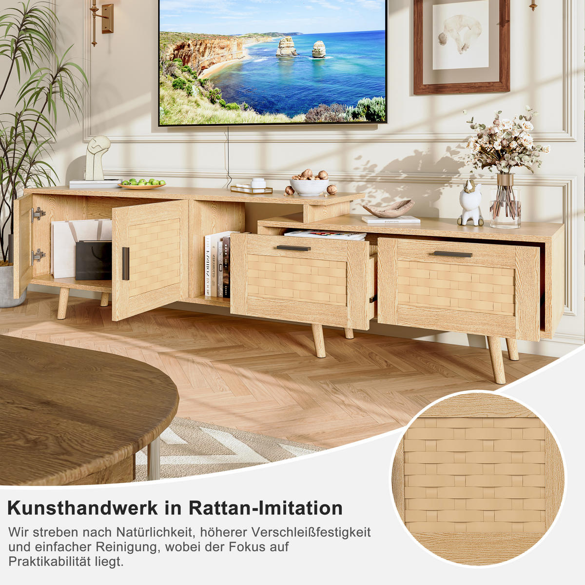 TV-LOWBOARD ausziehbar 146–180 cm, Eiche-Optik mit Rattan-Fronten & Stauraum - Braun, Holzwerkstoff (29.8/44/169cm) - SHOPENTRA