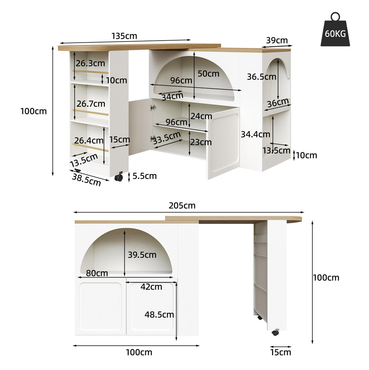 BAROVÝ stůl z MDF 135-205x39x100 cm bílý, rozkládací, pojízdný s LED, USB a úložným prostorem - bílá, kompozitní dřevo (205/100/39cm) - Modfu