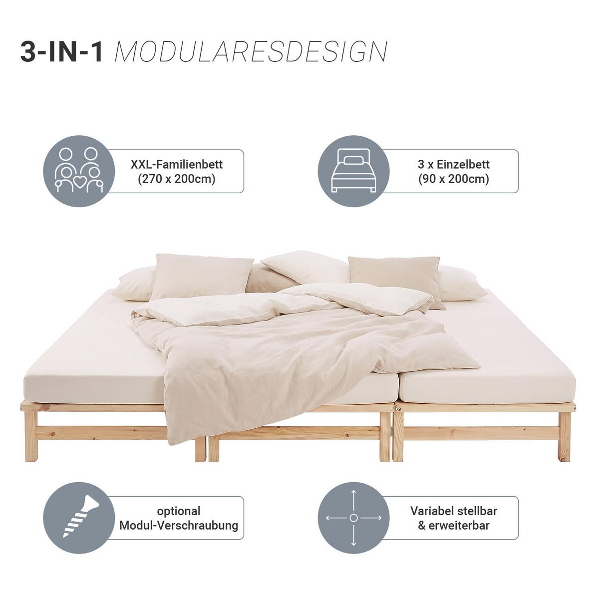 HOLZBETT Familienbett 270/200 cm natur + Lattenrost - Braun, Holz (270/200cm) - Homestyle4u