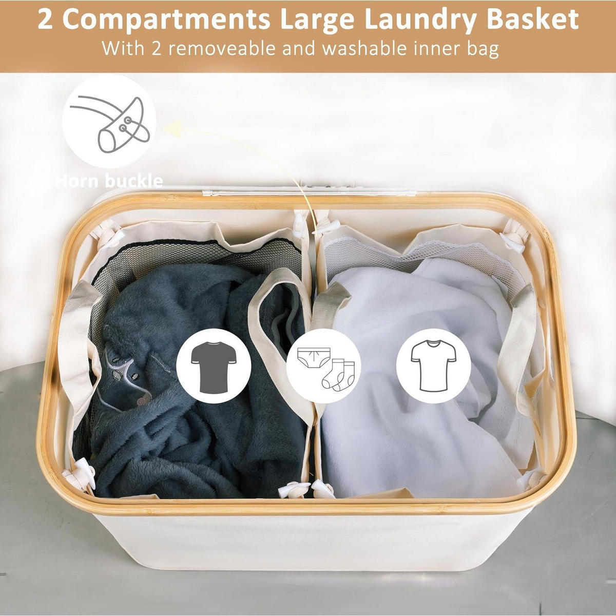 WÄSCHEKORB 150L 2 Fächer mit Deckel und Bambusgriff Beige - Beige, Textil (37/70/53cm)