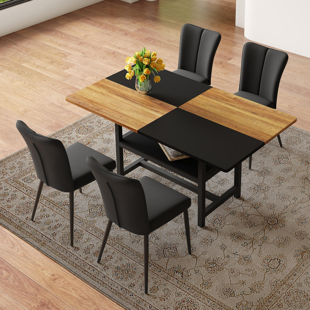 ESSGRUPPE DE-39364 5-teilig, mit 4 PU-Sesseln Schwarz - Schwarz, Holzwerkstoff (160/76/90cm) - ComfortXL