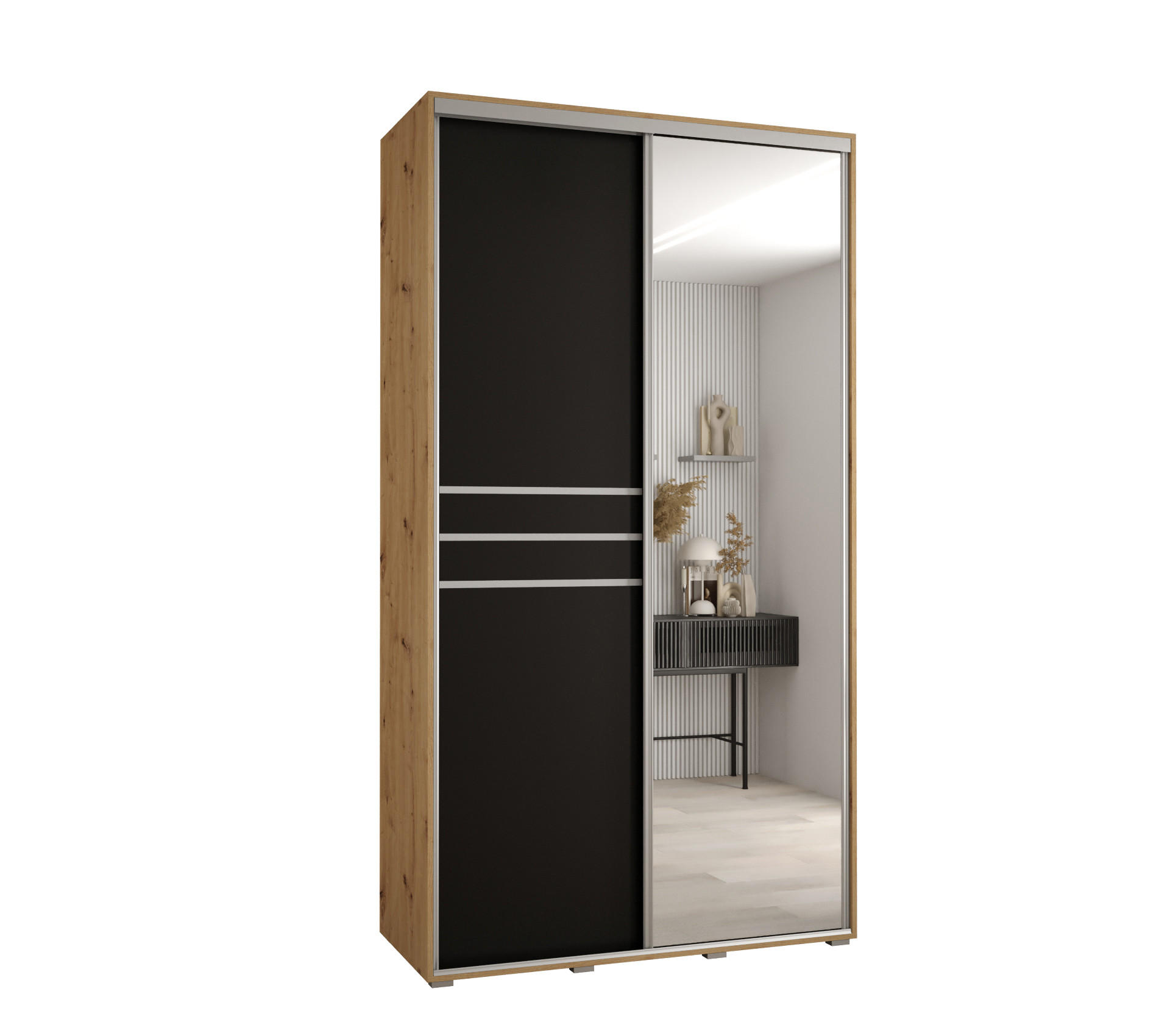 Abiks Möbel Schwebetürenschrank Eiche Artisan, Schwarz, Silber 140x235x45 cm