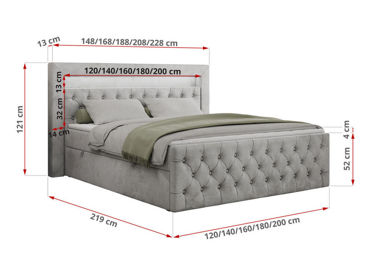 BOXBETT GOLD-9 LED 120/200 Hellgrau Velvet - H3 - Hellgrau, Holz/Textil (120/200cm) - MKS