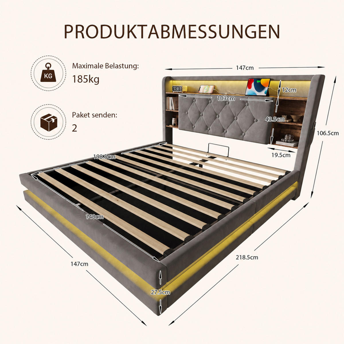 BOXBETT 140/200 mit LED/USB, Kopfteil-Regal & Hydraulik, Samt, Dunkelgrau - Dunkelgrau, Holz (140/200cm) - LVHOM