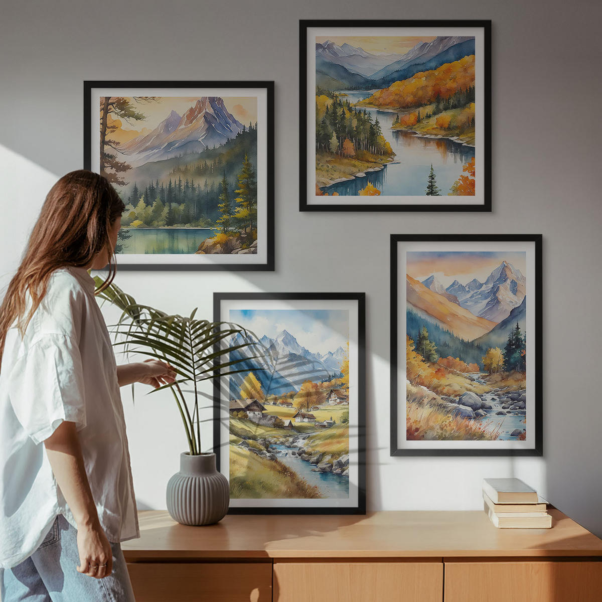 BILDER SET 4er Set - 50x50 cm & 40x60 cm Schwarzer Rahmen - Berglandschaft, Flusshütten - Schwarz, Kunststoff (50/50cm) - TULUP