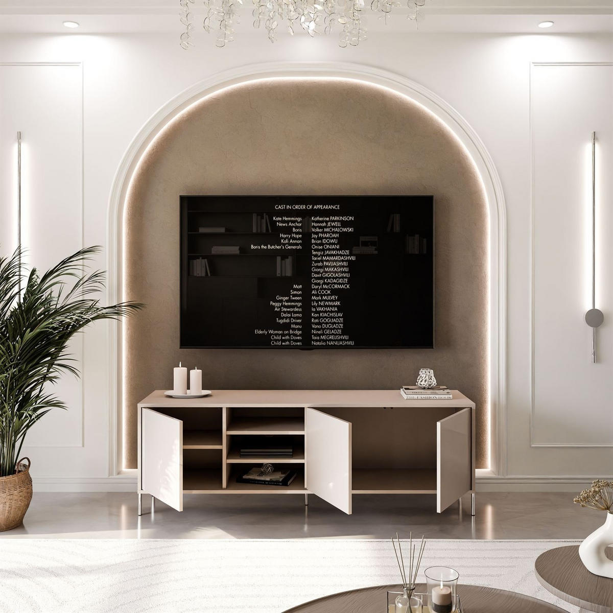 TV-SCHRANK SANAYI Kaschmir Hochglanz – gerade silberne Beine - Kaschmir, Holzwerkstoff (156/60/38cm) - Lookway