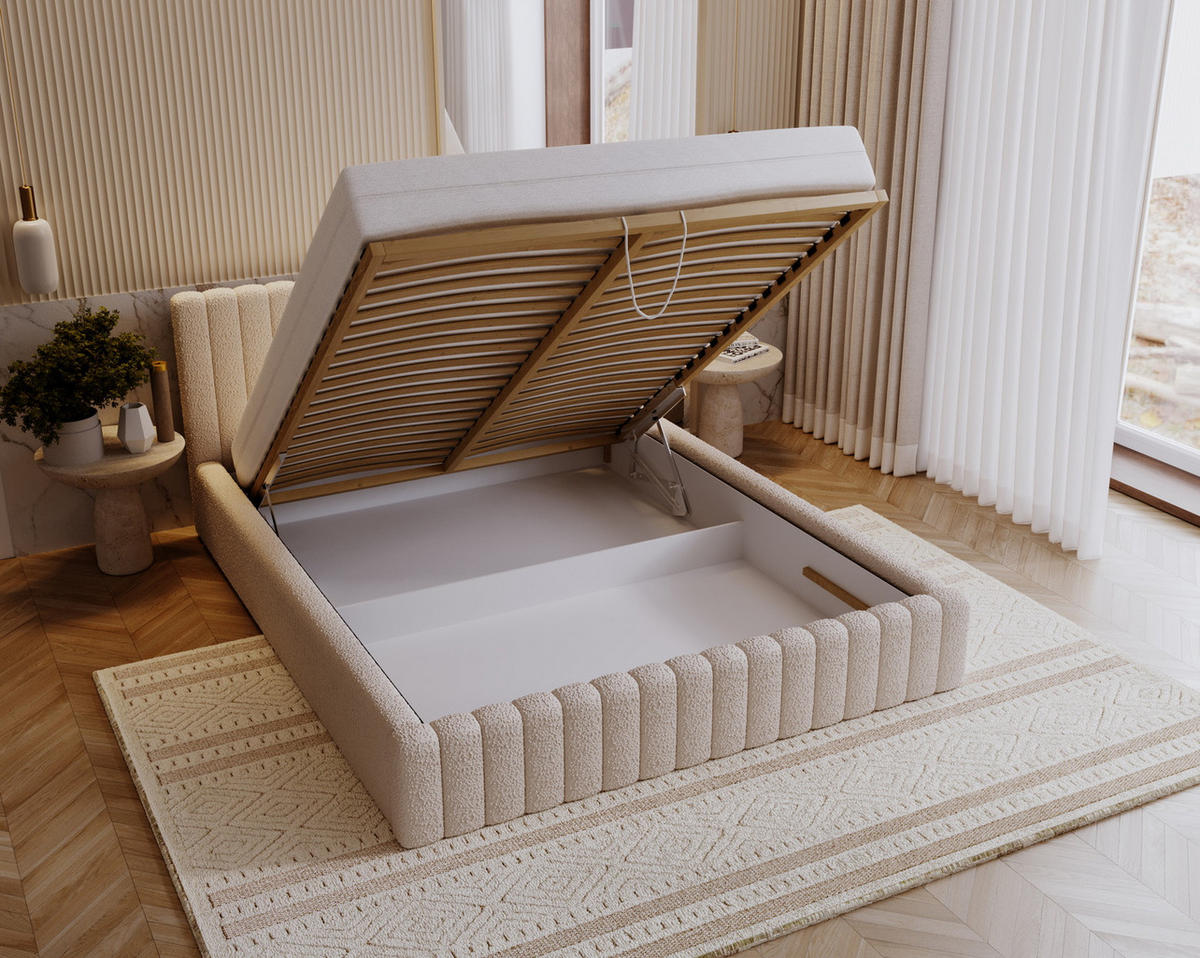 POLSTERBETT 140x200 Billo mit Bettkasten, Boucle Orange - Orange, Holz/Textil (140/200cm) - Emporius