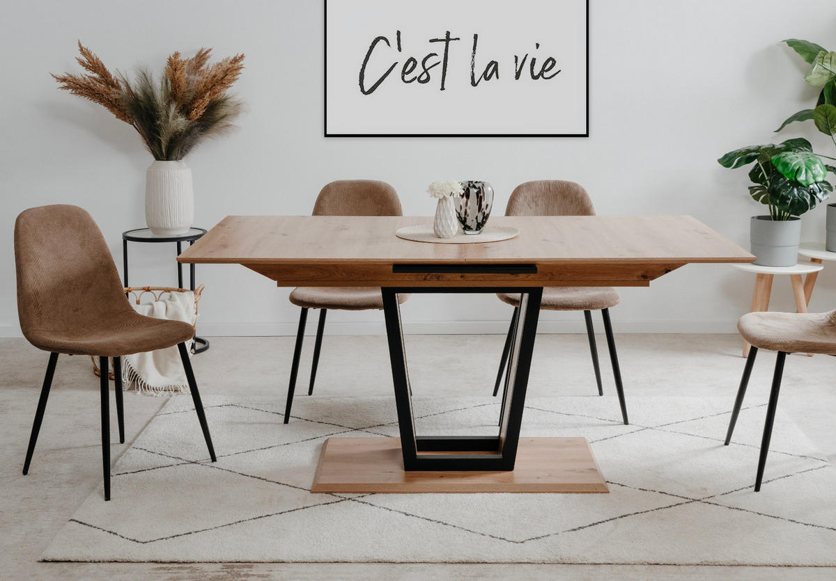 ESSTISCH Eiche Artisan, schwarz, Säulentisch ausziehbar 160 - 200 x 90 cm - Schwarz/Eiche Artisan, Holzwerkstoff/Metall (160/90/76cm) - Furn.Design