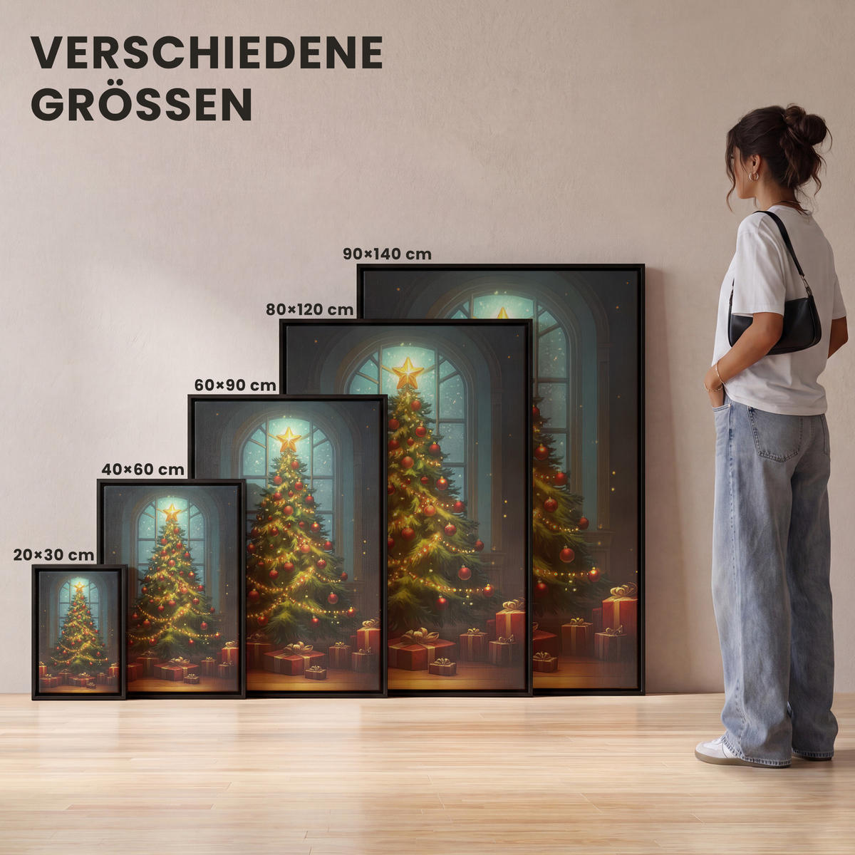 LEINWAND Bilder mit Rahmen - Weihnachtsbaum - Geschenk - Winter - 40x60 - Grün, Textil (40/60cm) - MuchoWow