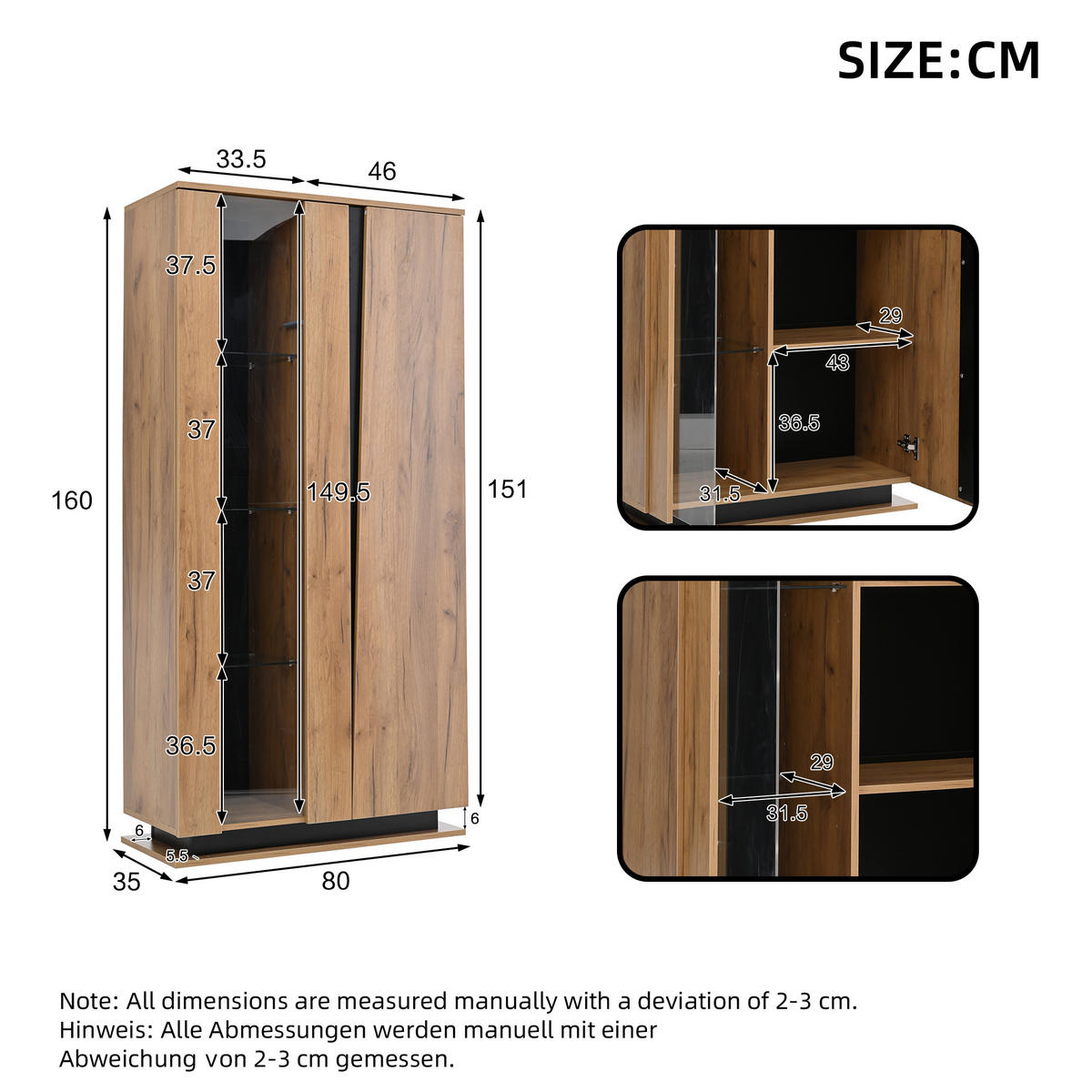 VITRINE Natur-Schwarz 80/35/160 cm - Naturfarben, Holzwerkstoff (80/160/35cm) - PANGIVO