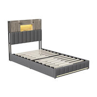 POLSTERBETT 90x200 cm mit LED, USB, Schubladen, Leinen, Grau - Grau, Holz (90/200cm)